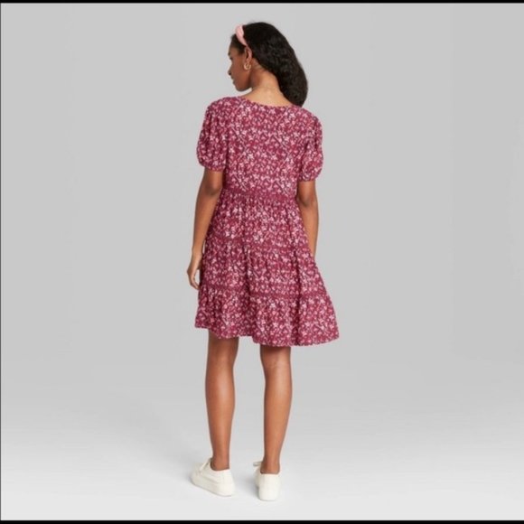 Wild Fable Floral SS Tiered Maroon Babydoll Dress - Picture 3 of 3